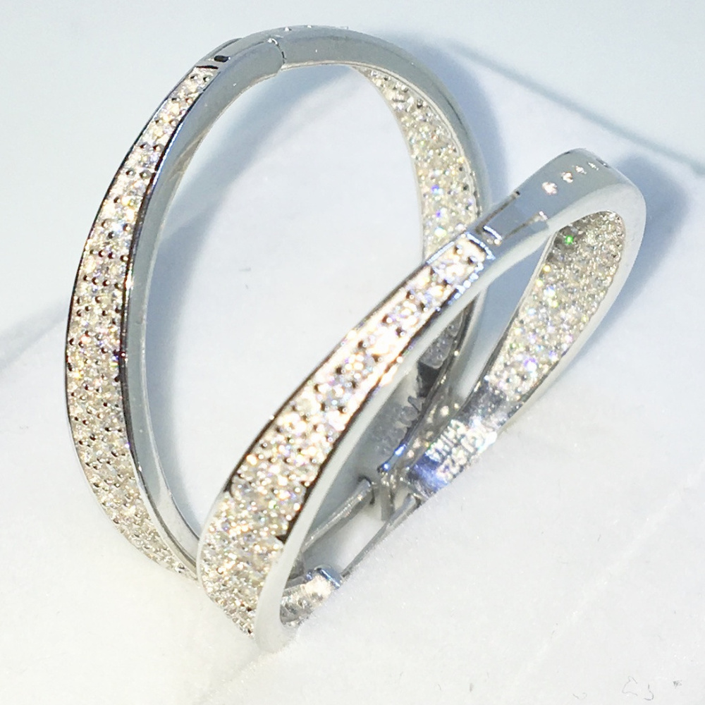 Silver Two sided white CZ medium hoop Earrings